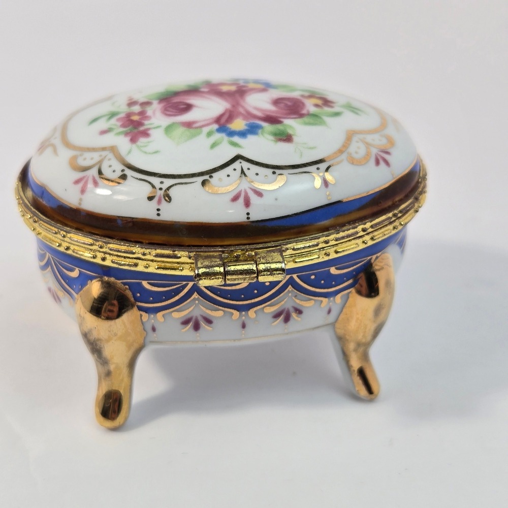 Vintage Floral Porcelain Trinket Box Cobalt Blue Gold Gilt Footed Hinged Lid